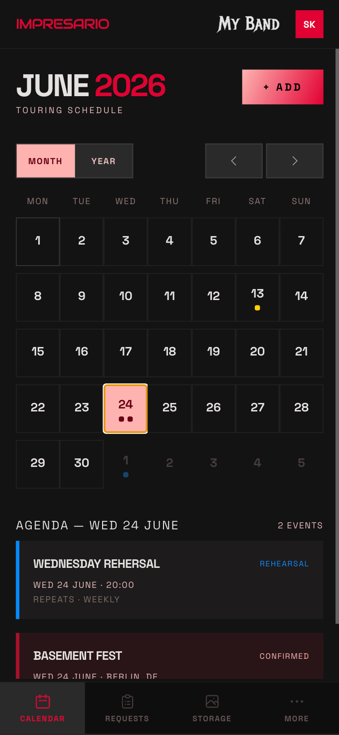 Gig calendar screen