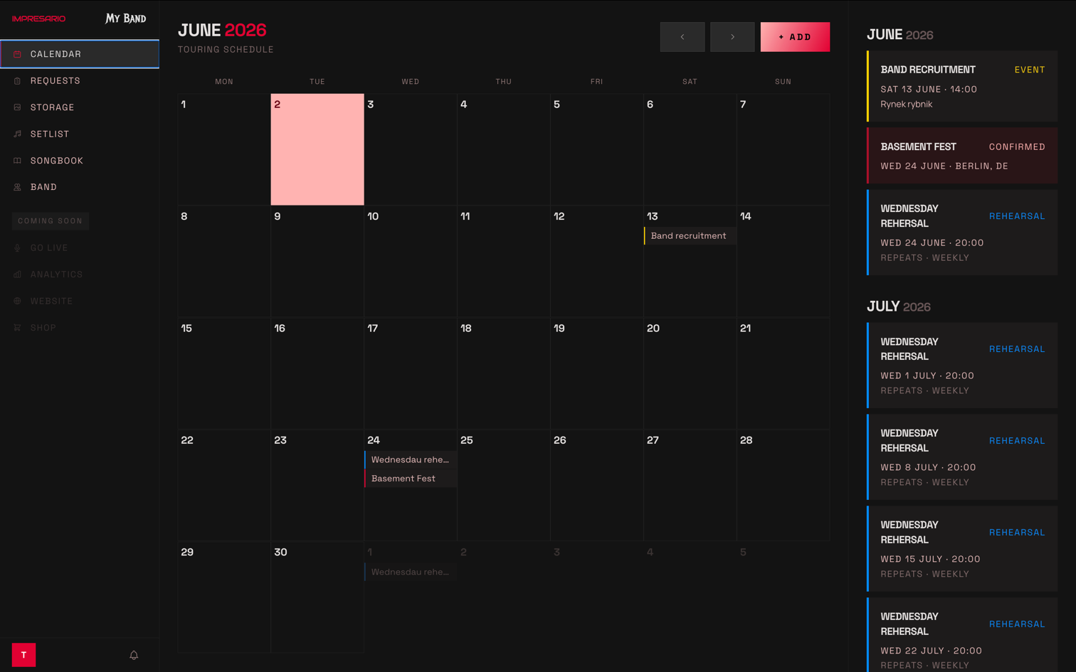 Gig calendar screen